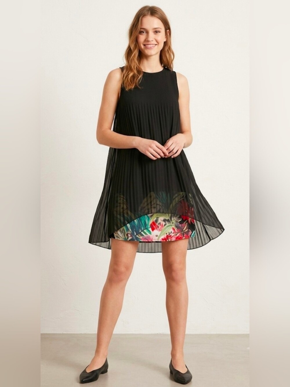 Desigual Women Midi Dress Size Small  Pleated Shift with Tropical Hem Accent